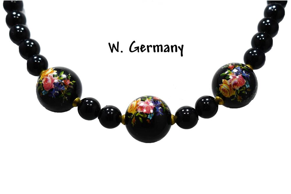 Vintage Black Lucite Beaded Necklace, Floral Accent Beads, W Germany, 1950s, 18”